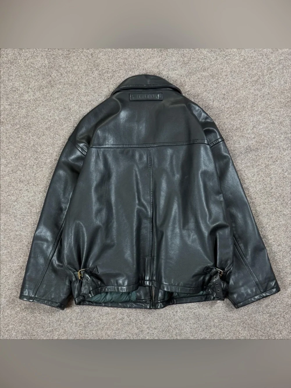 Vintage Nautica Black Leather Full Zip Moto Jacket Men’s 44 XL Waist Buckle 90s